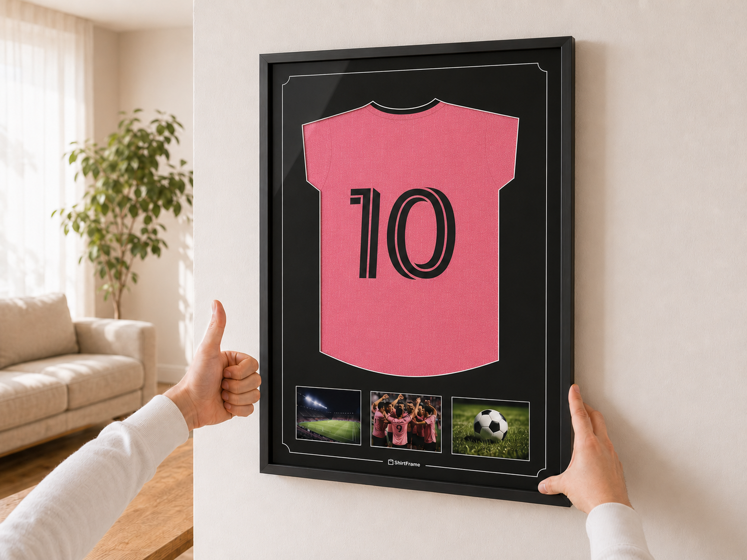 ShirtFrame con maglia sportiva incorniciata appesa in modo ordinato alla parete